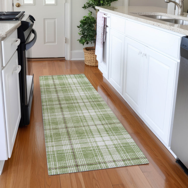 Aloe Green and White Plaid Washable Rectangular Rug