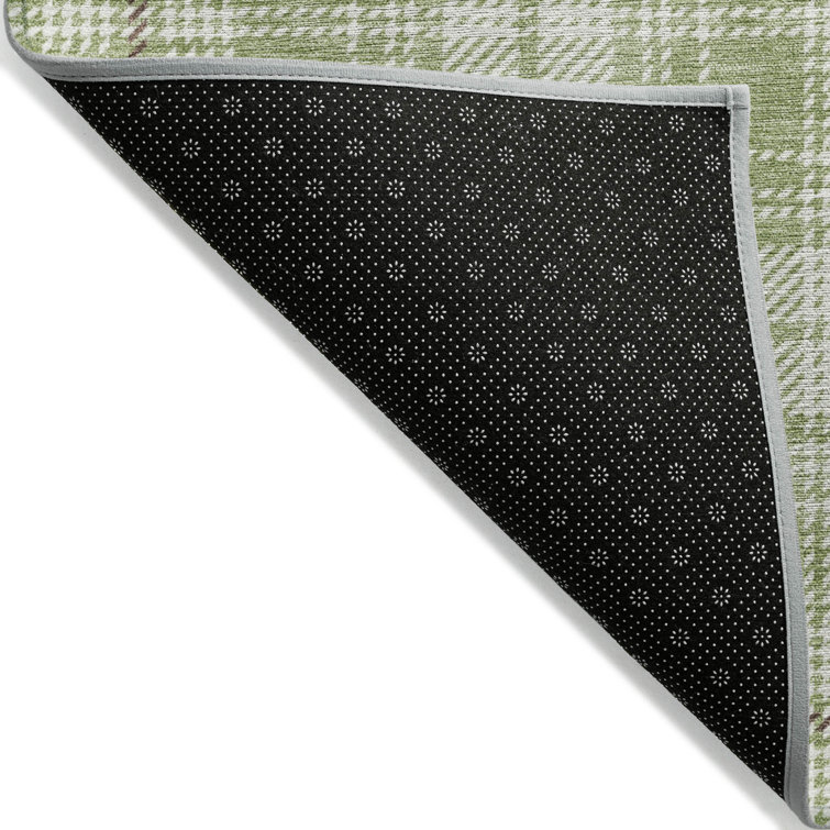 Aloe Green and White Plaid Washable Rectangular Rug