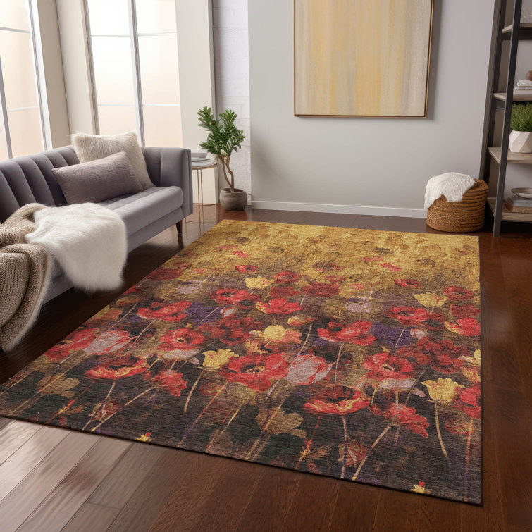 Gold Floral Rectangular Machine Washable Synthetic Rug 1'8" x 2'6"