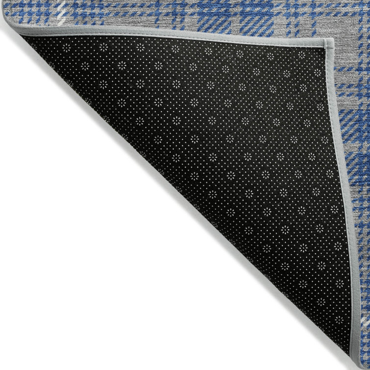 Gray and Blue Plaid Machine Washable Synthetic Rug