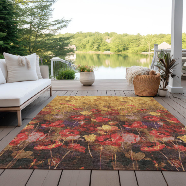 Gold Floral Rectangular Machine Washable Synthetic Rug 1'8" x 2'6"