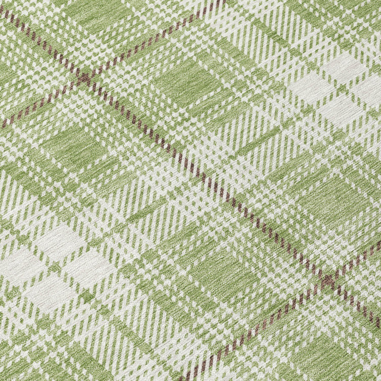 Aloe Green and White Plaid Washable Rectangular Rug