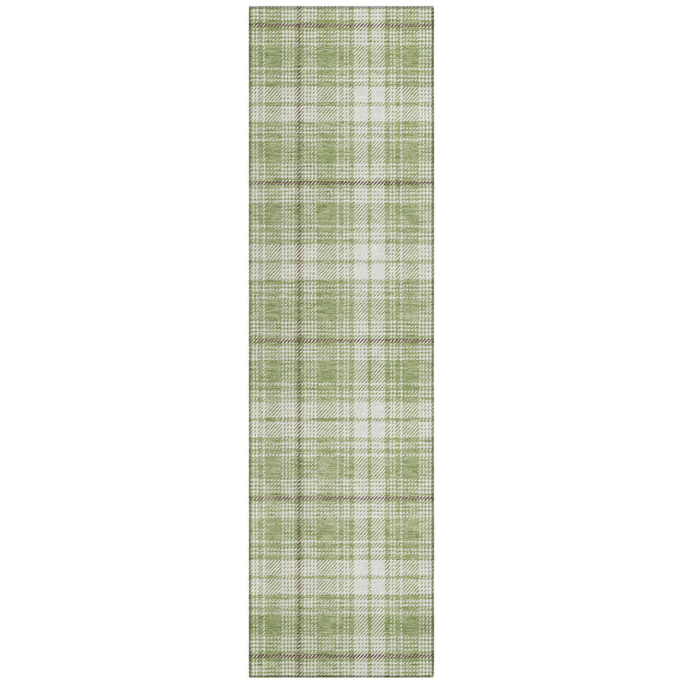 Aloe Green and White Plaid Washable Rectangular Rug