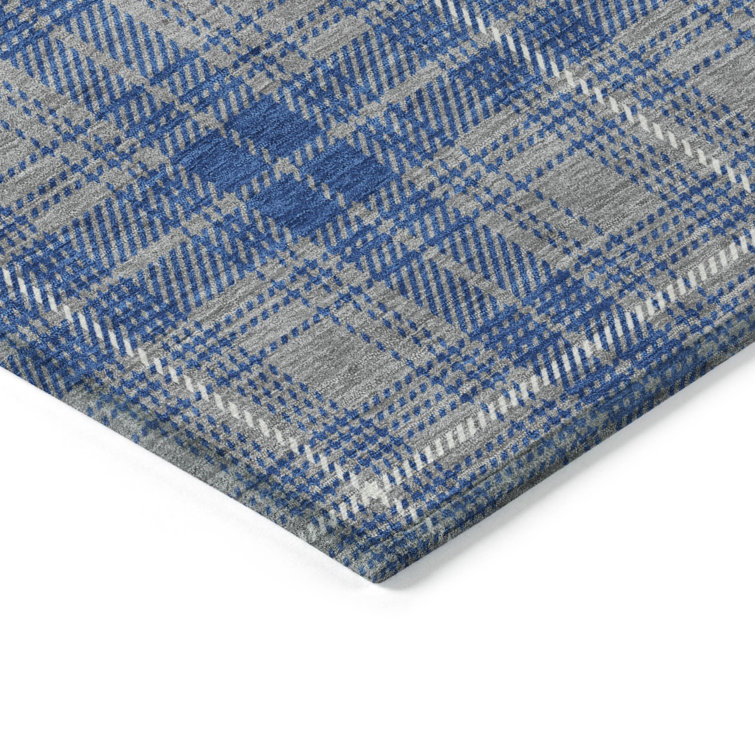 Gray and Blue Plaid Machine Washable Synthetic Rug