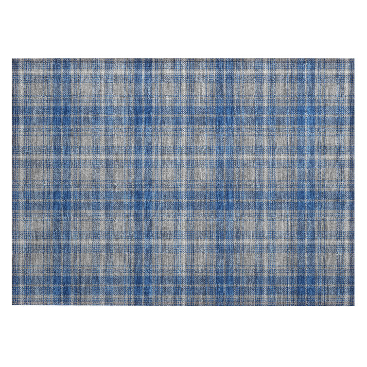 Gray and Blue Plaid Machine Washable Synthetic Rug