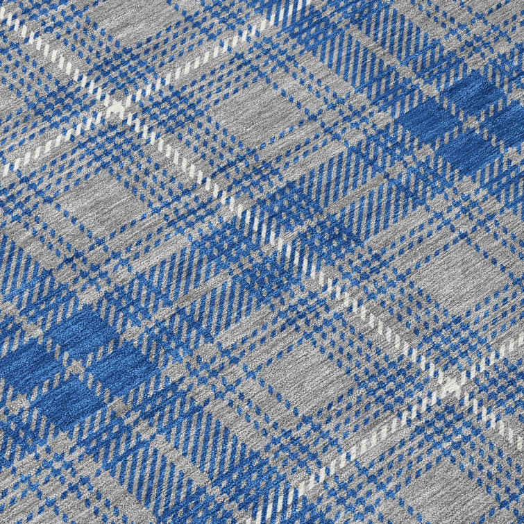Gray and Blue Plaid Machine Washable Synthetic Rug