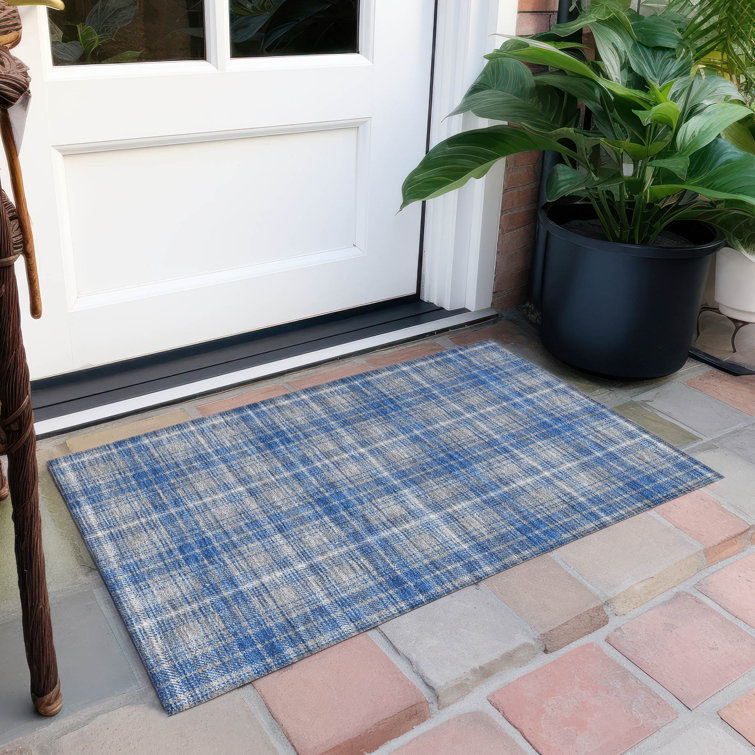 Gray and Blue Plaid Machine Washable Synthetic Rug