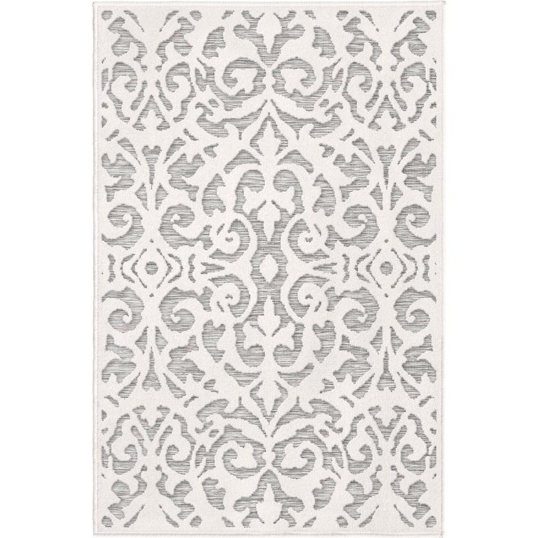 Natural Gray High-Low Damask Pattern Indoor Outdoor Rug