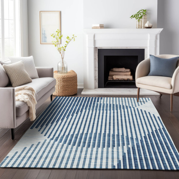 Blue and White Rectangular Machine Washable Synthetic Rug