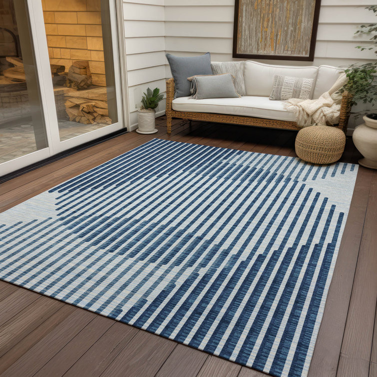 Blue and White Rectangular Machine Washable Synthetic Rug