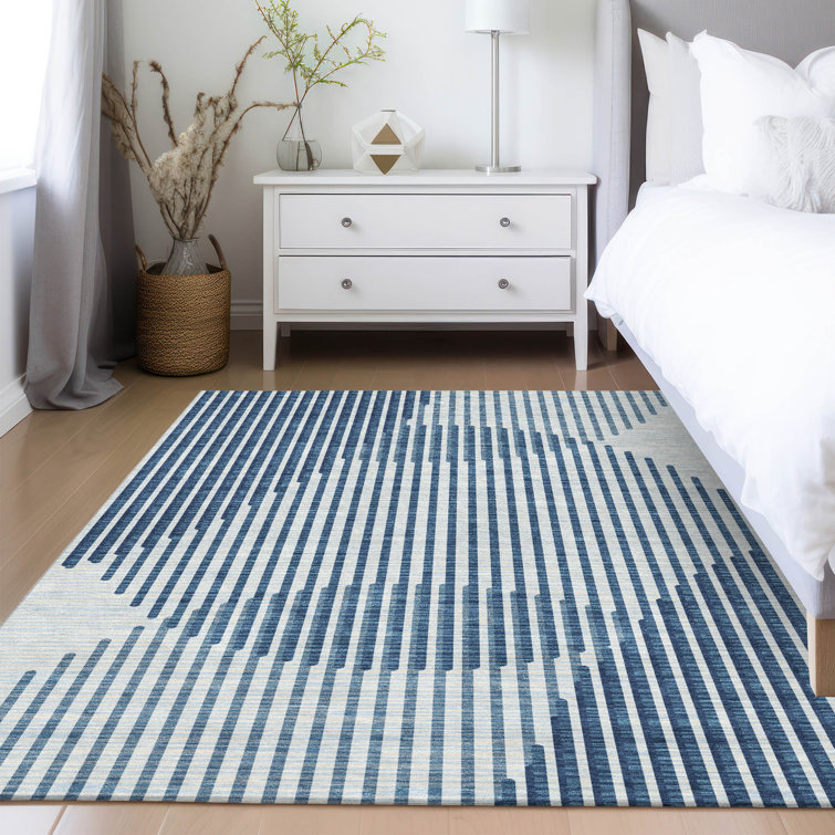 Blue and White Rectangular Machine Washable Synthetic Rug
