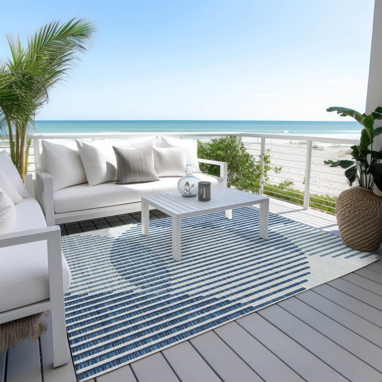 Blue and White Rectangular Machine Washable Synthetic Rug