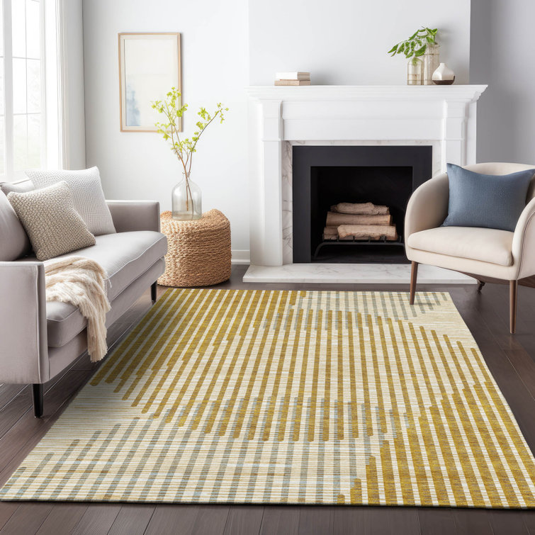 Gold Rectangular Machine Washable Synthetic Area Rug 3' x 5'