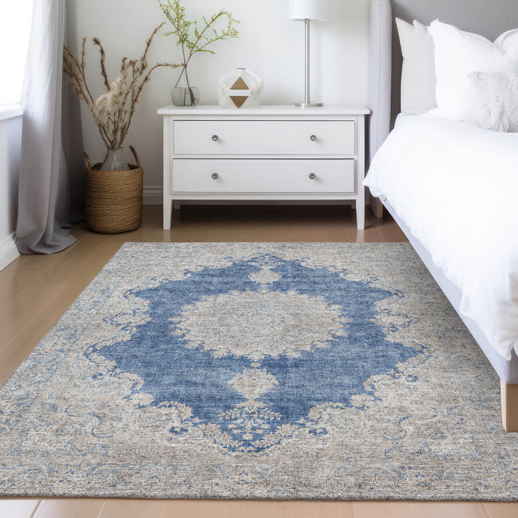 Navy Rectangular Synthetic Flat Woven Washable Rug 3' x 5'