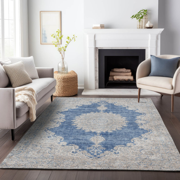 Navy Rectangular Synthetic Flat Woven Washable Rug 3' x 5'