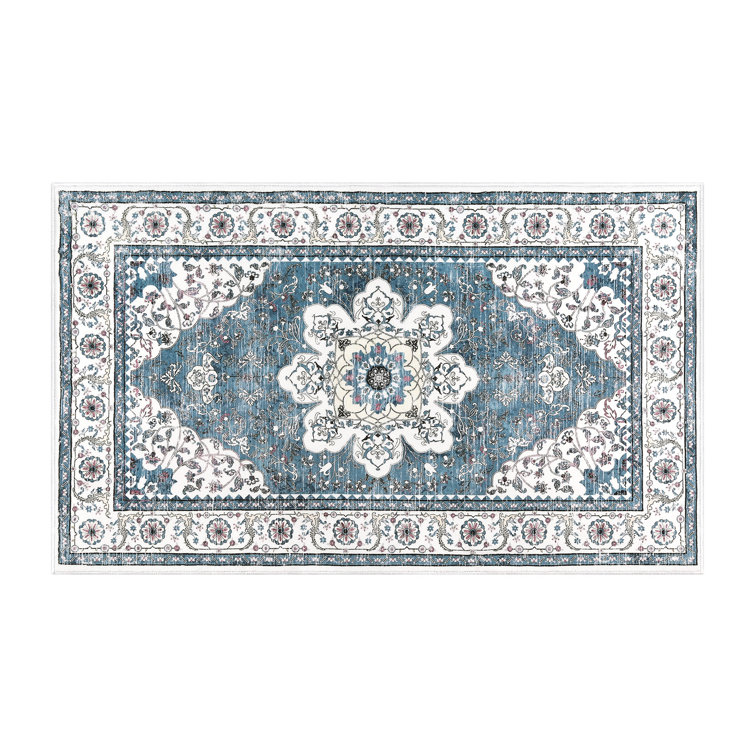 Blue and White Washable Oriental Tufted Area Rug 3' x 5'
