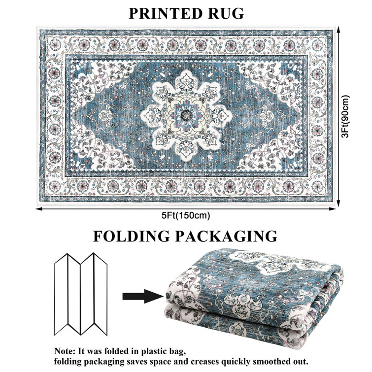 Blue and White Washable Oriental Tufted Area Rug 3' x 5'