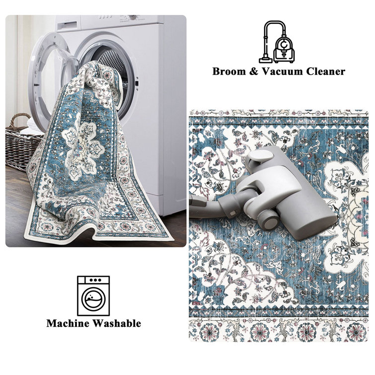 Blue and White Washable Oriental Tufted Area Rug 3' x 5'