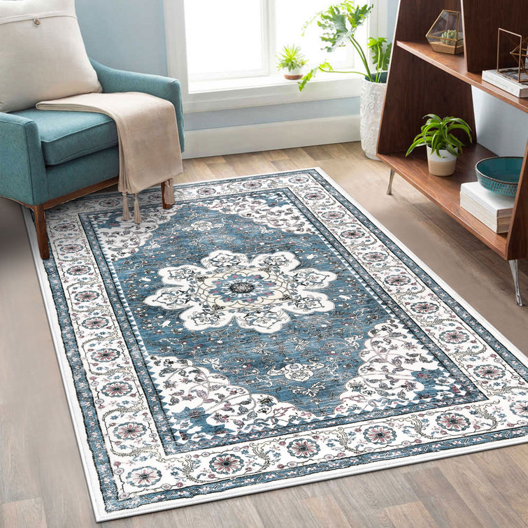 Blue and White Washable Oriental Tufted Area Rug 3' x 5'