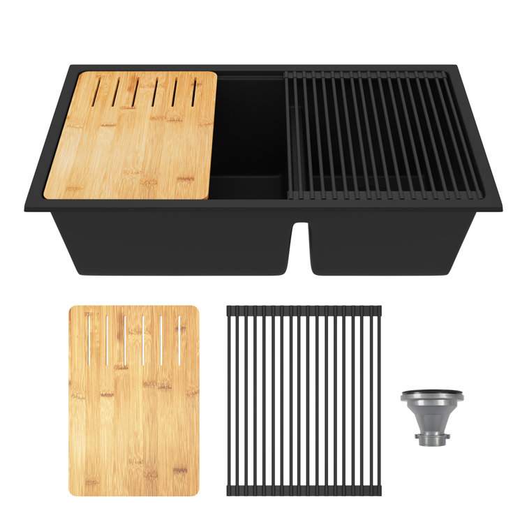 Black Granite Double Bowl Drop-In Kitchen Sink with Accessories