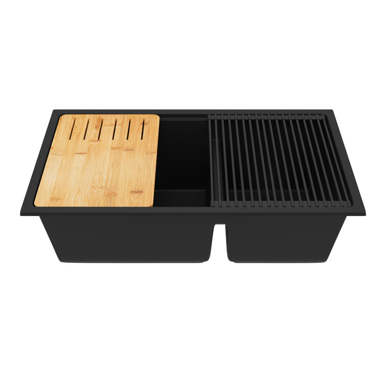 Black Granite Double Bowl Drop-In Kitchen Sink with Accessories