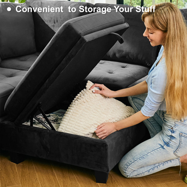Gray Velvet L-Shaped Modular Sleeper Sectional Sofa