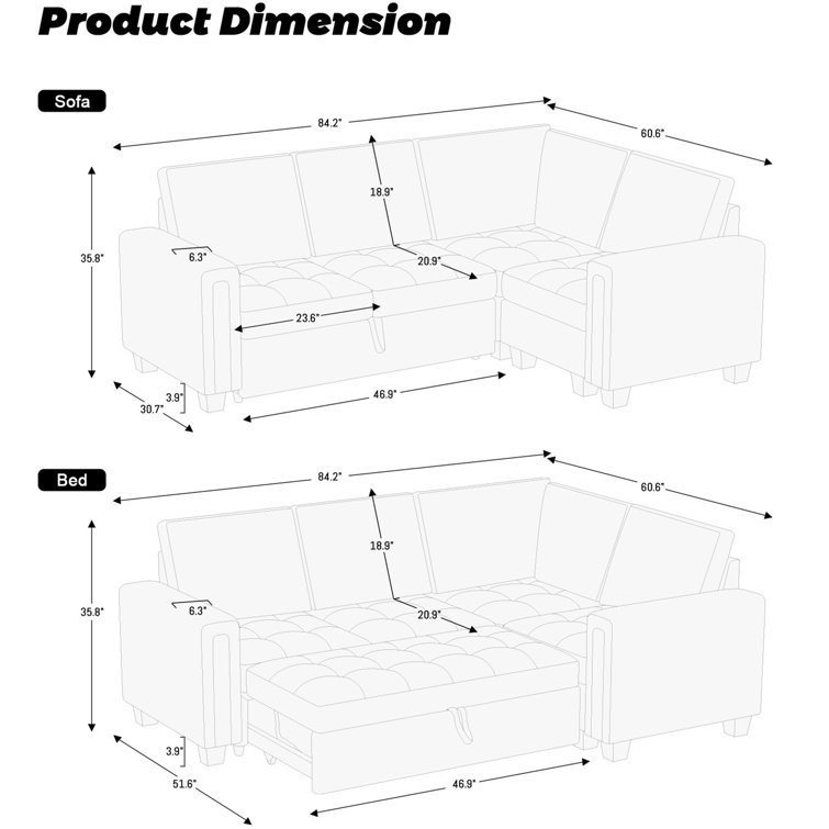 Gray Velvet L-Shaped Modular Sleeper Sectional Sofa