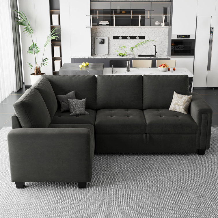 Gray Velvet L-Shaped Modular Sleeper Sectional Sofa