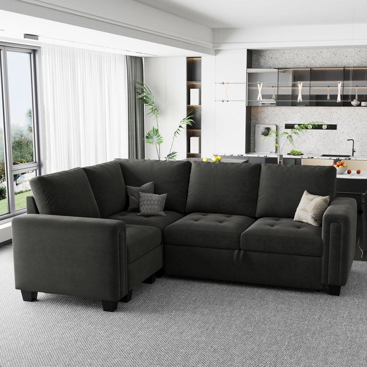 Gray Velvet L-Shaped Modular Sleeper Sectional Sofa