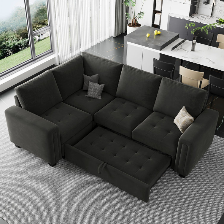 Gray Velvet L-Shaped Modular Sleeper Sectional Sofa