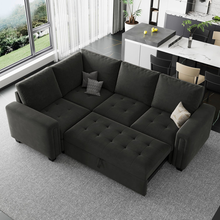 Gray Velvet L-Shaped Modular Sleeper Sectional Sofa