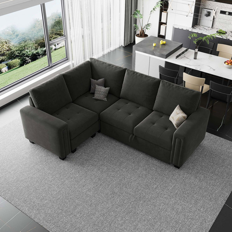 Gray Velvet L-Shaped Modular Sleeper Sectional Sofa