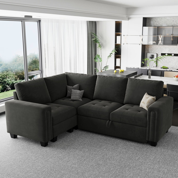 Gray Velvet L-Shaped Modular Sleeper Sectional Sofa