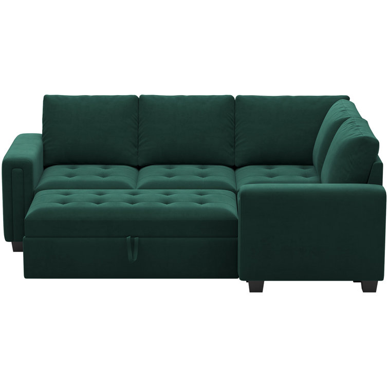 Green Velvet L-Shaped Modular Sectional Sofa Bed with Square Arms