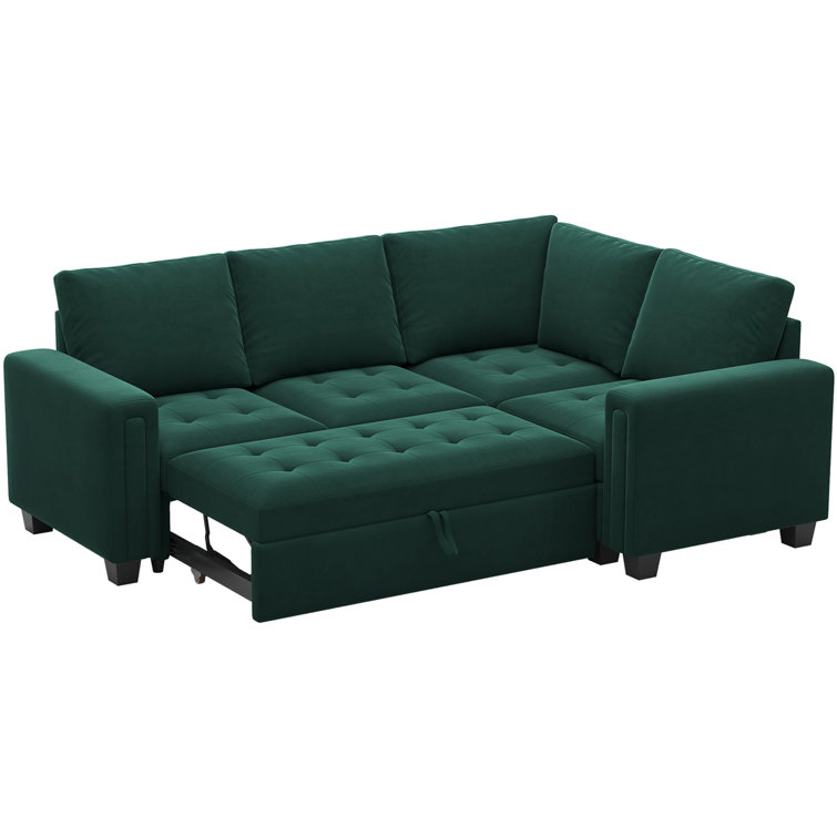 Green Velvet L-Shaped Modular Sectional Sofa Bed with Square Arms