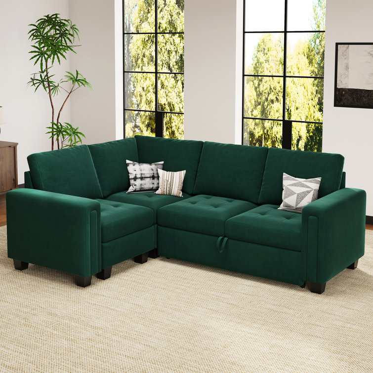 Green Velvet L-Shaped Modular Sectional Sofa Bed with Square Arms