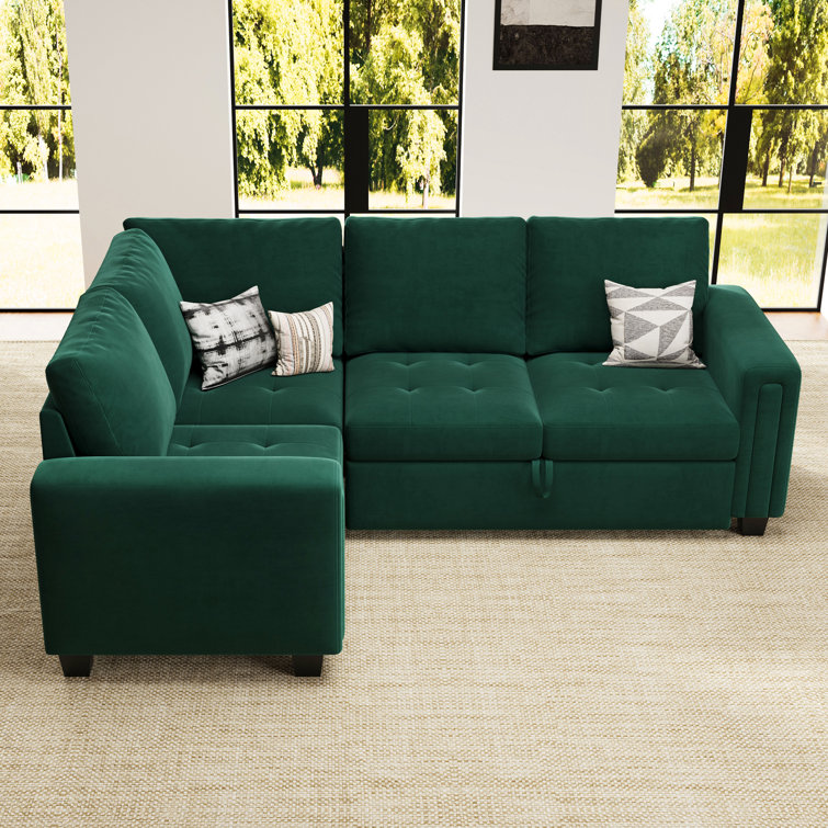 Green Velvet L-Shaped Modular Sectional Sofa Bed with Square Arms