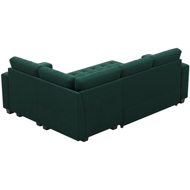 Green Velvet L-Shaped Modular Sectional Sofa Bed with Square Arms