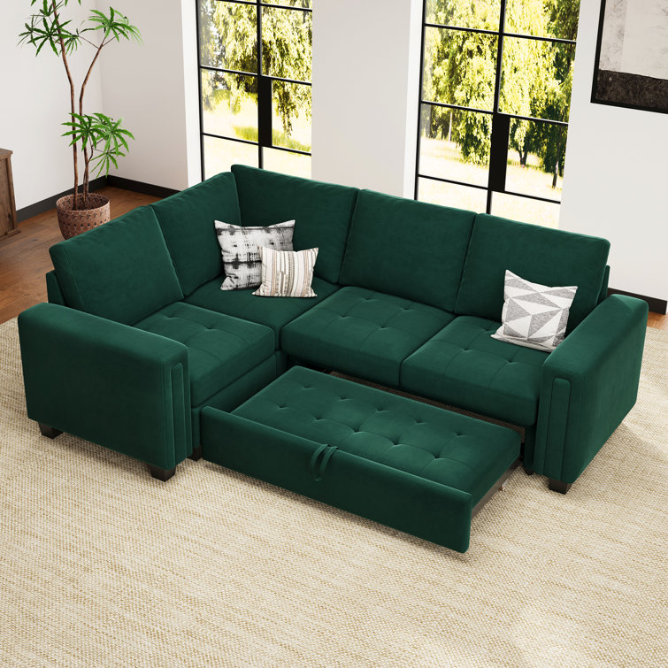 Green Velvet L-Shaped Modular Sectional Sofa Bed with Square Arms