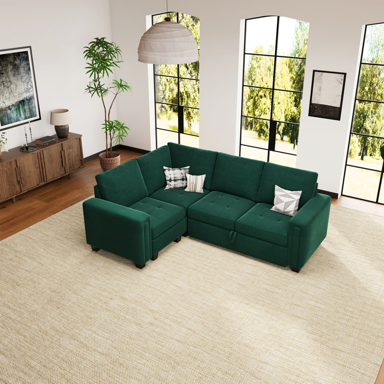 Green Velvet L-Shaped Modular Sectional Sofa Bed with Square Arms