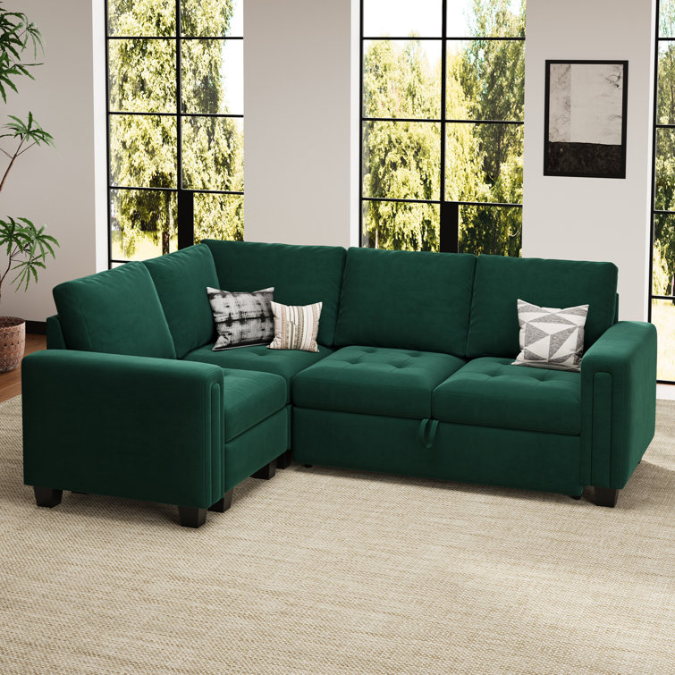 Green Velvet L-Shaped Modular Sectional Sofa Bed with Square Arms