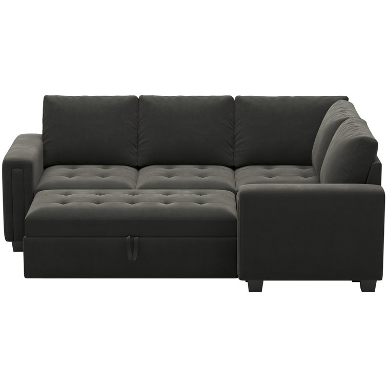 Gray Velvet L-Shaped Modular Sleeper Sectional Sofa