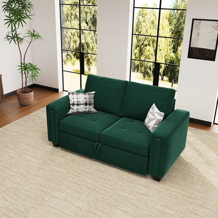 Green Velvet Full Sectional Sleeper Sofa with Solid Wood Frame