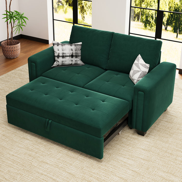 Green Velvet Full Sectional Sleeper Sofa with Solid Wood Frame