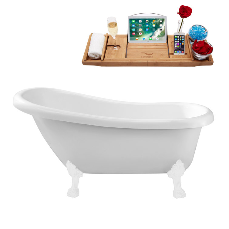 61" White Acrylic Clawfoot Freestanding Soaking Bathtub with Bamboo Tray