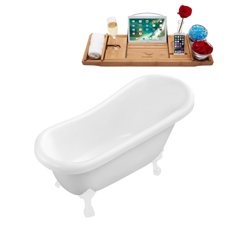 61" White Acrylic Clawfoot Freestanding Soaking Bathtub with Bamboo Tray