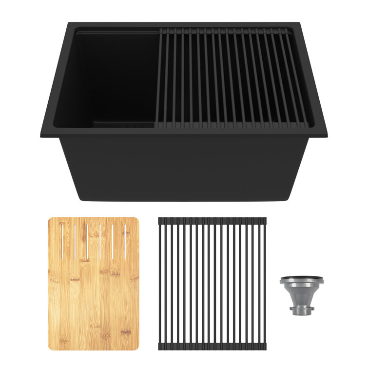25" Black Quartz Composite Single Bowl Drop-In Kitchen Sink with Accessories