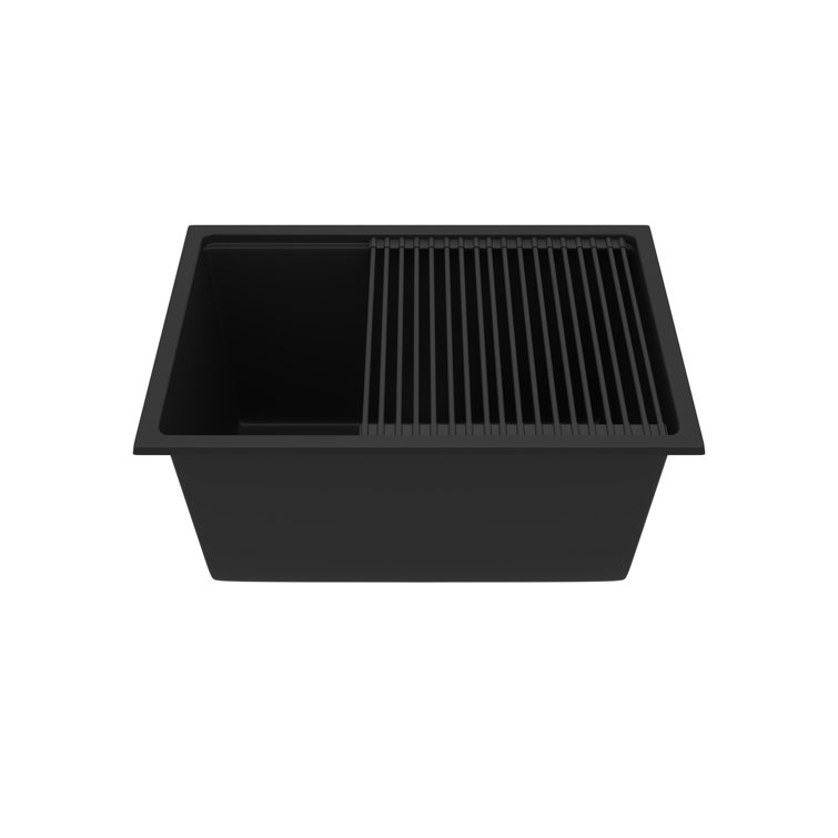 25" Black Quartz Composite Single Bowl Drop-In Kitchen Sink with Accessories