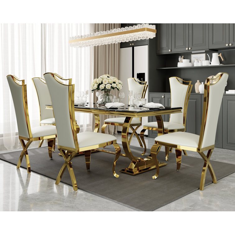 White Faux Leather and Gold Metal Parsons Dining Chairs Set of 6