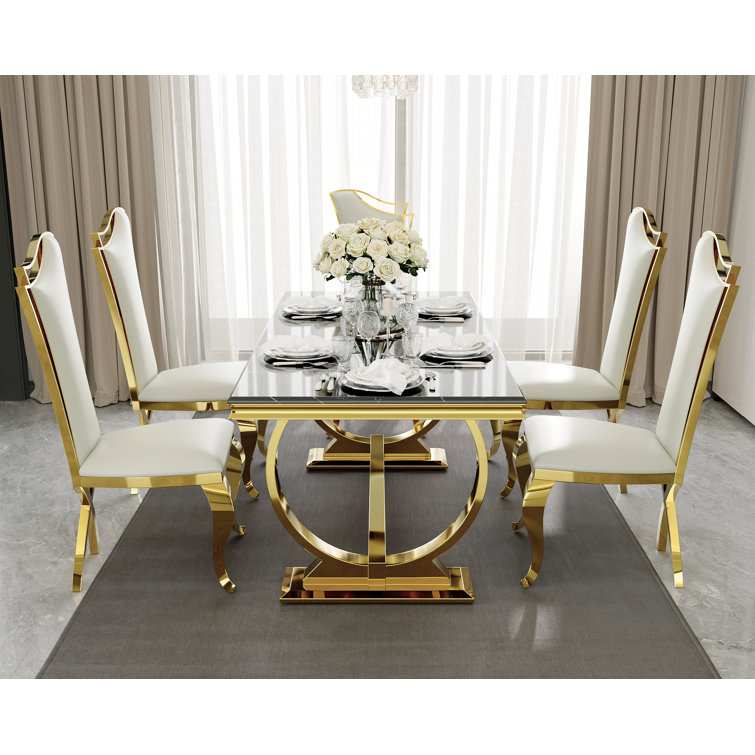 White Faux Leather and Gold Metal Parsons Dining Chairs Set of 6